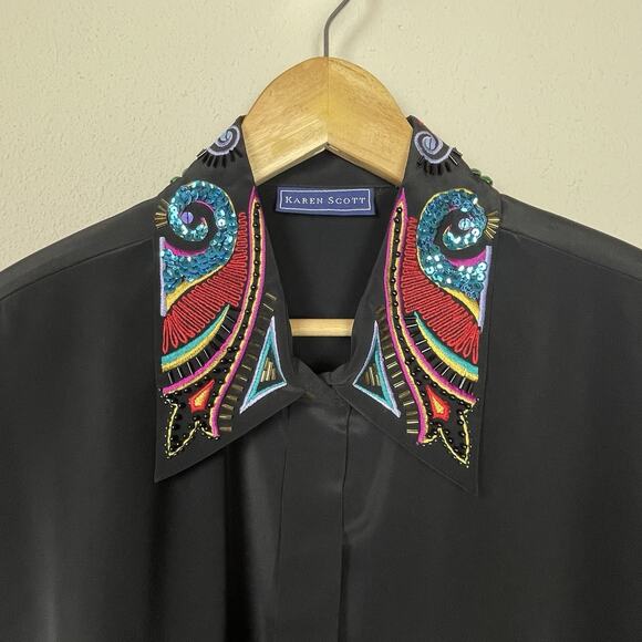 Karen Scott Black Blouse 16 Embellished Collar Cuffs Whimsigoth Fairycore - Picture 2 of 9